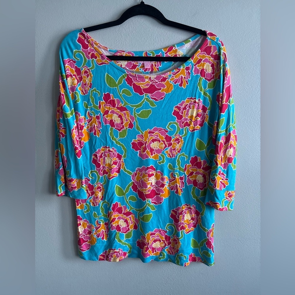 Lilly Pulitzer Shirt Womens Blue Floral Pirates Bootyniere Coastal Resort - Picture 1 of 5